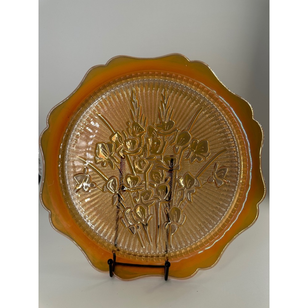 Vintage Marigold Carnival Glass Floral Plate Scalloped Iridescent 11 Inch